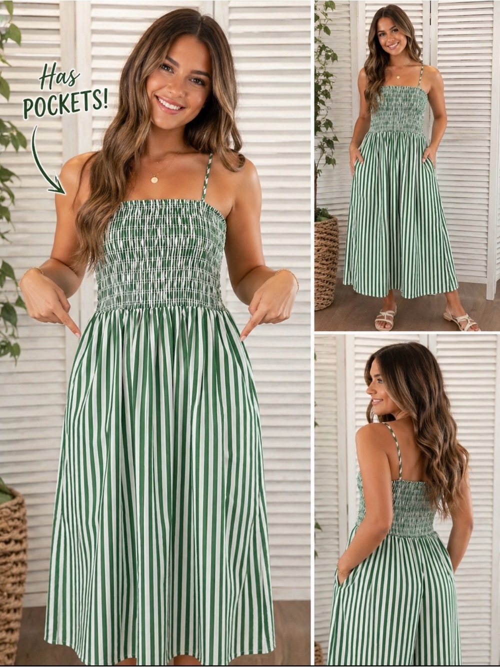 Gianni Bini Green & White Striped Smocked Sundress